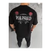 Unisex Bisiklet Yaka Baskılı Oversize T-Shirt - Siyah