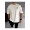 Unisex Bisiklet Yaka Baskılı Oversize T-Shirt - Beyaz