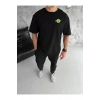 Unisex Bisiklet Yaka Baskılı Oversize T-Shirt - Siyah