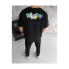 Unisex Bisiklet Yaka Baskılı Oversize T-Shirt - Siyah