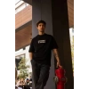 Unisex Bisiklet Yaka Baskılı Oversize T-Shirt - Siyah