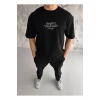 Unisex Bisiklet Yaka Baskılı Oversize T-Shirt - Siyah