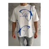 Unisex Bisiklet Yaka Baskılı Oversize T-Shirt - Beyaz