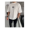 Unisex Bisiklet Yaka Baskılı Oversize T-Shirt - Beyaz