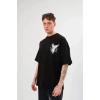 Unisex Bisiklet Yaka Baskılı Oversize T-Shirt - Siyah