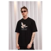 Unisex Bisiklet Yaka Baskılı Oversize T-Shirt - Siyah