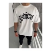 Unisex Bisiklet Yaka Baskılı Oversize T-Shirt - Beyaz