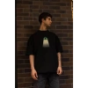 Unisex Bisiklet Yaka Baskılı Oversize T-Shirt - Siyah