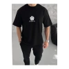 Unisex Bisiklet Yaka Baskılı Oversize T-Shirt - Siyah