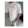 EMH store Unisex Bisiklet Yaka Baskılı Oversize T-Shirt - Beyaz