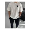 Unisex Bisiklet Yaka Baskılı Oversize T-Shirt - Beyaz