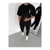 Unisex Bisiklet Yaka Baskılı Oversize T-Shirt - Siyah