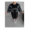 Unisex Bisiklet Yaka Baskılı Oversize T-Shirt - Siyah