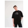 Unisex Bisiklet Yaka Baskılı Oversize T-Shirt - Siyah