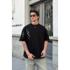 Unisex Bisiklet Yaka Baskılı Oversize T-Shirt - Siyah