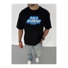 Unisex Bisiklet Yaka Baskılı Oversize T-Shirt - Siyah