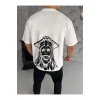 Unisex Bisiklet Yaka Baskılı Oversize T-Shirt - Beyaz