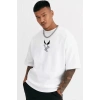 Unisex Bisiklet Yaka Baskılı Oversize T-Shirt - Beyaz