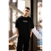 Unisex Bisiklet Yaka Baskılı Oversize T-Shirt - Siyah