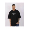 Unisex Bisiklet Yaka Baskılı Oversize T-Shirt - Siyah