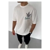 Unisex Bisiklet Yaka Baskılı Oversize T-Shirt - Beyaz