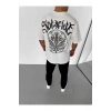 Unisex Bisiklet Yaka Baskılı Oversize T-Shirt - Beyaz