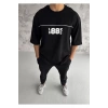 Unisex Bisiklet Yaka Baskılı Oversize T-Shirt - Siyah