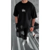 Unisex Bisiklet Yaka Baskılı Oversize T-Shirt - Siyah