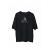 Unisex Bisiklet Yaka Baskılı Oversize T-Shirt - Siyah