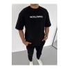Unisex Bisiklet Yaka Baskılı Oversize T-Shirt - Siyah