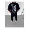 Unisex Bisiklet Yaka Baskılı Oversize T-Shirt - Siyah