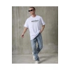 Unisex Bisiklet Yaka Baskılı Oversize T-Shirt - Beyaz