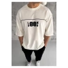 Unisex Bisiklet Yaka Baskılı Oversize T-Shirt - Beyaz