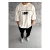 Unisex Bisiklet Yaka Baskılı Oversize T-Shirt - Beyaz