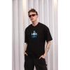 Unisex Bisiklet Yaka Baskılı Oversize T-Shirt - Siyah