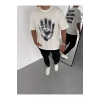 Unisex Bisiklet Yaka Baskılı Oversize T-Shirt - Beyaz