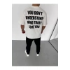 Unisex Bisiklet Yaka Baskılı Oversize T-Shirt - Beyaz