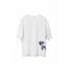 Unisex Bisiklet Yaka Baskılı Oversize T-Shirt - Beyaz