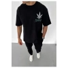 Unisex Bisiklet Yaka Baskılı Oversize T-Shirt - Siyah