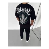 Unisex Bisiklet Yaka Baskılı Oversize T-Shirt - Siyah