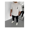 Unisex Bisiklet Yaka Baskılı Oversize T-Shirt - Beyaz