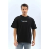 Unisex Bisiklet Yaka Baskılı Oversize T-Shirt - Siyah