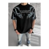 Unisex Bisiklet Yaka Baskılı Oversize T-Shirt - Siyah