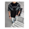 Unisex Bisiklet Yaka Baskılı Oversize T-Shirt - Siyah