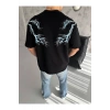 Unisex Bisiklet Yaka Baskılı Oversize T-Shirt - Siyah