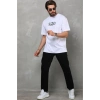 Unisex Bisiklet Yaka Baskılı Oversize T-Shirt - Beyaz