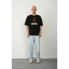 Unisex Bisiklet Yaka Baskılı Oversize T-Shirt - Siyah