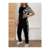 Kadın Bisiklet Yaka Kısa Kol Leopar Desen Bluz Ve Pantolon Ikili Takım