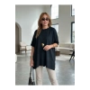 Kadın Bisiklet Yaka Kısa Yarasa Kollu Yanları Yırtmaçlı Oversize Dökümlü Merserize Bluz