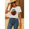 Kadın Bisiklet Yaka Kısa Kollu Palmiye Baskılı Viskon T-Shirt